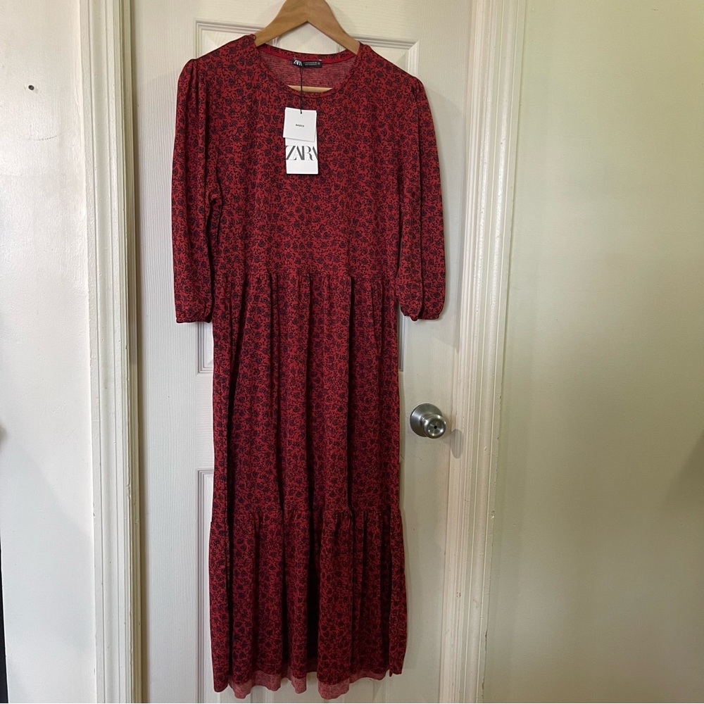 Zara Long Sleeve Red Patterned Maternity Dress
